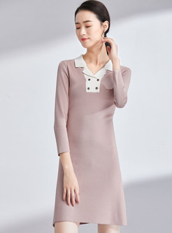 Color-blocked Turn Down Collar Slim Knitted Dress