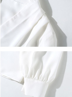 Casual White V-neck Lantern Sleeve Pullover Blouse