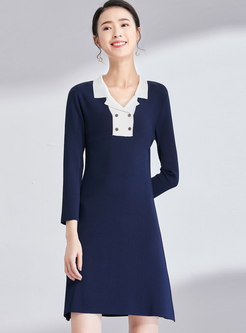 Color-blocked Turn Down Collar Slim Knitted Mini Dress