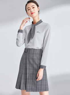Chic Splicing Tie-collar Embroidered Blouse & Plaid High Waist A Line Mini Skirt