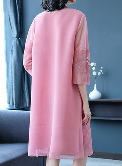 Pink Three Quarters Sleeve Plus Size Midi Dress