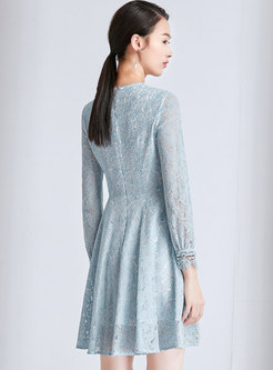 Light Blue O-neck Long Sleeve Waist Lace Skater Dress