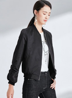 Casual Black Stand Collar Zipper Short Straight Coat