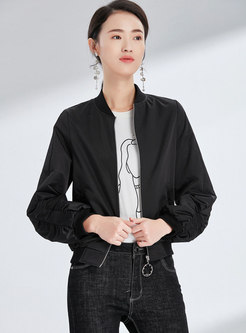 Casual Black Stand Collar Zipper Short Straight Coat