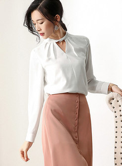 Stylish White O-neck Hollow Out Slim Pullover Blouse