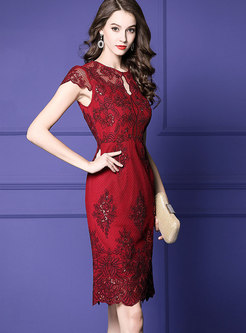 Stylish Wine Red Lace Short Sleeve Bodycon Dress