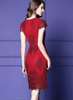 Stylish Wine Red Lace Short Sleeve Bodycon Dress