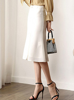 Elegant White High Waist Slit Knee-length Skirt