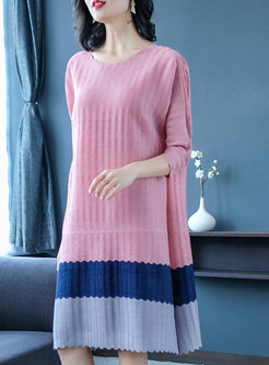 Fashion Hit Color Pleated Long Sleeve Dress