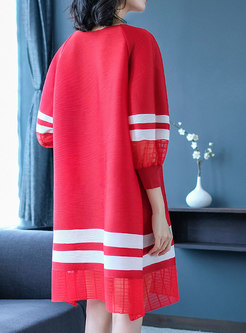 Trendy Mesh Stitching Striped Lantern Sleeve Dress