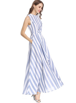 O-neck Sleeveless Striped Irregular Maxi Dress