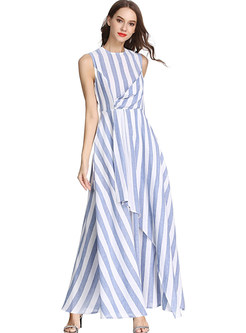 O-neck Sleeveless Striped Irregular Maxi Dress