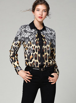 Lapel Long Sleeve Single-breasted Leopard Blouse
