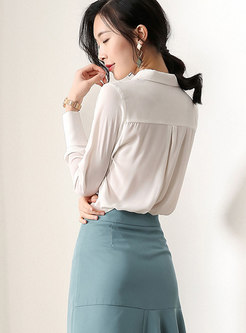 Chic White Turn Down Collar Single-breasted Pullover Blouse