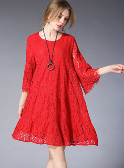 Trendy Lace Paneled Loose Plus Size Mini Dress