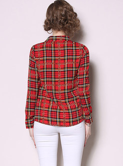 Red Lapel Single-breasted Slim Plaid Blouse