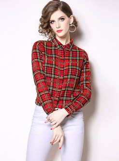 Red Lapel Single-breasted Slim Plaid Blouse