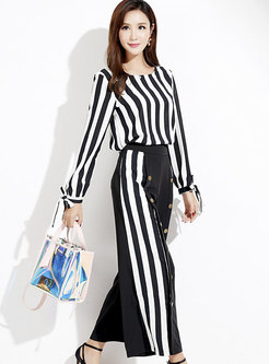 Striped O-neck Bowknot Pullover Blouse & High Waist Wide Leg Pants