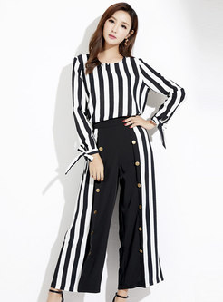 Striped O-neck Bowknot Pullover Blouse & High Waist Wide Leg Pants