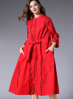 Fashion Red Solid Printed Striped Dress With Belt