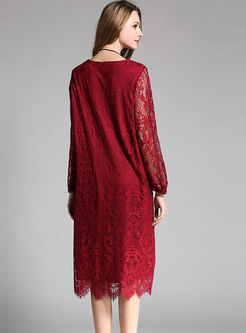 Fashion Lace Stitching Crew-neck Knee-length Dress