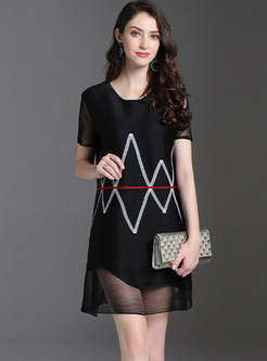 Perspective Mesh Short Sleeve Loose Pleated Dress