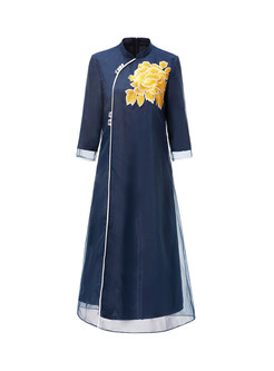 Retro Mandarin Collar Mesh Embroidered Shift Dress