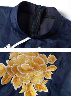 Retro Mandarin Collar Mesh Embroidered Shift Dress