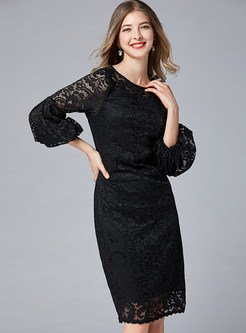 Hollow Out O-neck Lantern Sleeve Lace Bodycon Dress