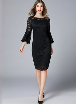 Hollow Out O-neck Lantern Sleeve Lace Bodycon Dress