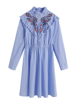 Retro Standing Collar Embroidered Falbala Dress