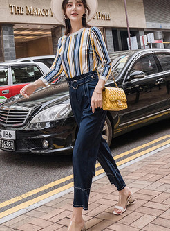 Color-blocked O-neck Striped Top & Straight Pants