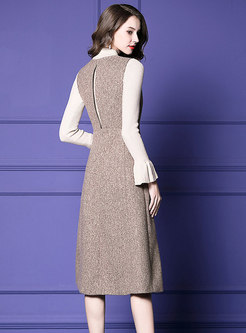 Fashion Flare Sleeve Knitted Top & High Waist A Line Strap Dress
