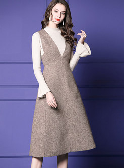 Fashion Flare Sleeve Knitted Top & High Waist A Line Strap Dress