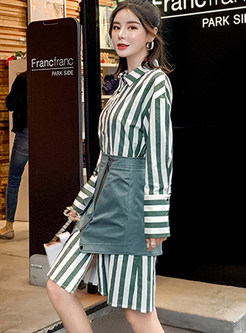 Striped Single-breasted Shirt Dress & High Waist Asymmetric Skirt