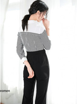 Trendy Striped Blouse Fake Two-piece Jumpsuits