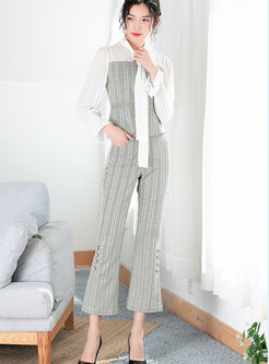 Spring Tie-neck Bowknot Top & Pinstriped Wide-leg Pants