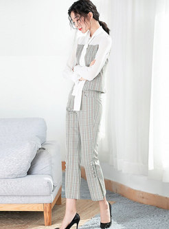 Spring Tie-neck Bowknot Top & Pinstriped Wide-leg Pants