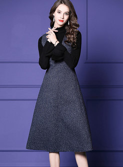 Fashion Black Knitted Top & High Waist A Line Strap Dress