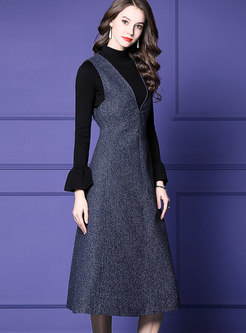 Fashion Black Knitted Top & High Waist A Line Strap Dress