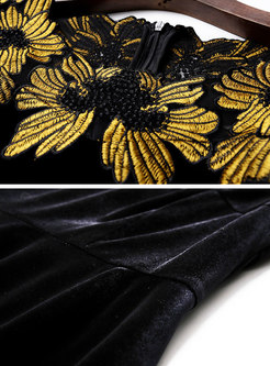 Stylish Mesh Splicing Embroidered Velvet Skater Dress