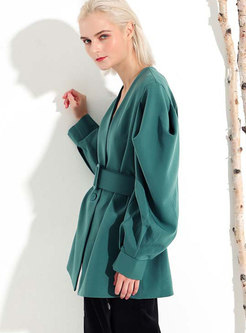 Fashion Green V-neck Bat Sleeve Belted Coat