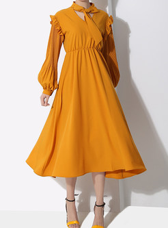 Solid Color Bowknot Standing Collar Waist A Line Dress