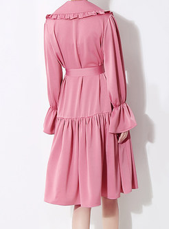 Fashion Notched Double-breasted Pleated Dress With Belt