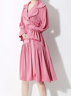 Fashion Notched Double-breasted Pleated Dress With Belt