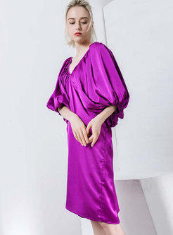 Purple Deep V-neck Cutout-Back Knee-length Loose Dress