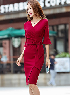 Wine Red V-neck Ruffled Sleeve Tie-waist Split Dress