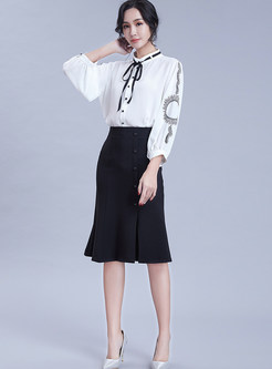 Color-blocked Standing Collar Single-breasted Blouse