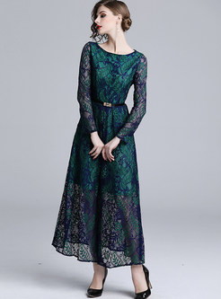 O-neck Long Sleeve Hollow Out Lace Maxi Dress