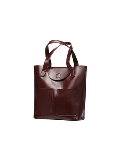 Fashion Coffee Cowhide Zipper Pocket Top Handle Bag